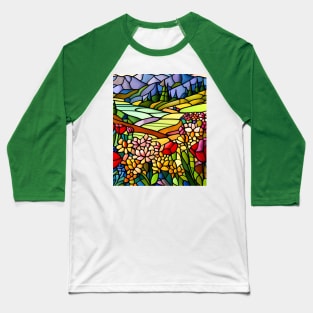 Stained Glass Colorful Mountain Flowers Baseball T-Shirt